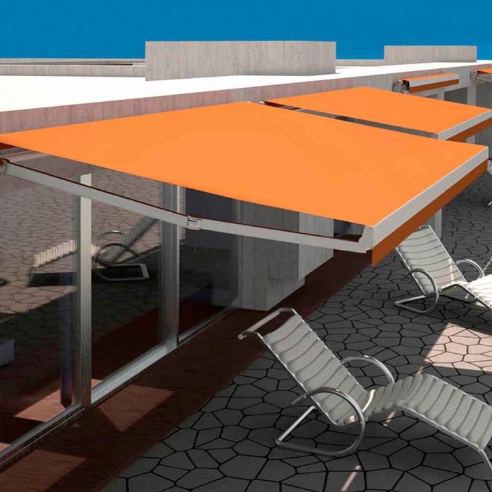 Toldos para exterior color naranja cubriendo terraza con camastros